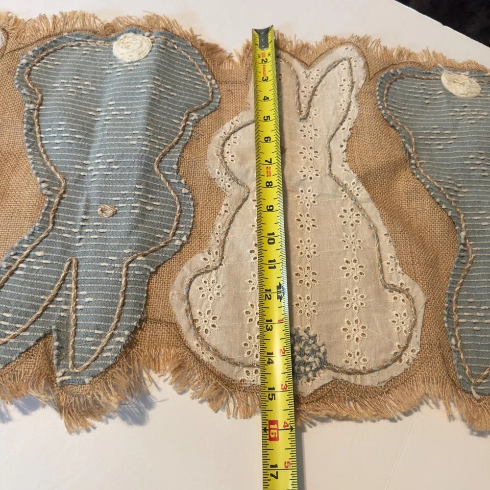 Shabby Chic Jute Bunny Table Runner Tan Blue Eyelet Easter Farmhouse 54x16